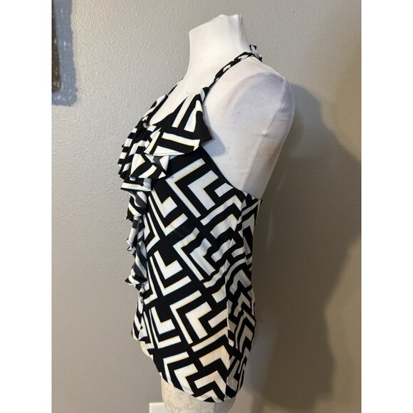 WHBM Top Medium M Stretch Black Blue Yellow White Ruffle Sleeveless Washable NEW - Picture 5 of 7